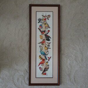 Embroidered Cross Stitch Birds On Bird Feeder Framed Picture Vintage Art